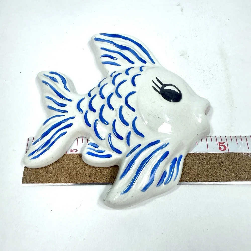 Vintage 1977 Ceramic Fish Wall Plaque Hand Painted Blue White Signed Folk Art